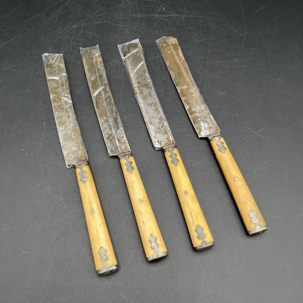Set Of 4 Antique Bone Handle Knives 5" Blade 9 3/8 L Possible Pre-Civil War Era